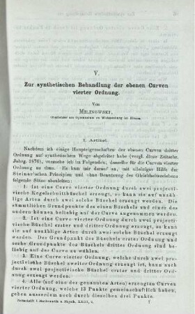 V. Zur synthetischen Behandlung der ebenen Curven vierter Ordnung.
