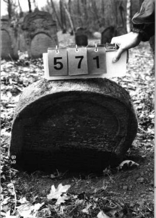 Grabstein 571 (Index: 99753053) Material: Sandstein Zustand: gut, Stele stark geneigt und eingesunken Maße HxBxT: 70x60x11 cm Beschreibung: Stele, Rundbogenabschluß, Schriftfeld eingetieft mit eingezog. Rundbogenabschluß: Grabstein 571