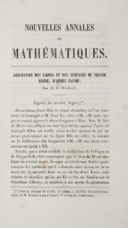 Génération des lignes et des surfaces du second degré, d'après Jacobi.