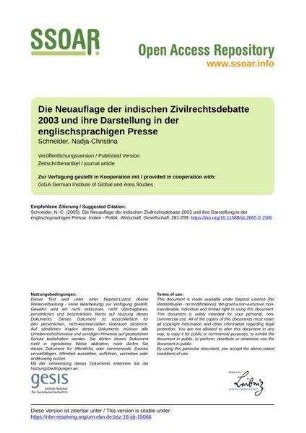 Die Neuauflage der indischen Zivilrechtsdebatte 2003 und ihre Darstellung in der englischsprachigen Presse
