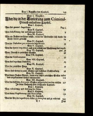 Das I. Register. Uber die in der Einleitung zum Criminal-Proceß enthaltene Capitel.