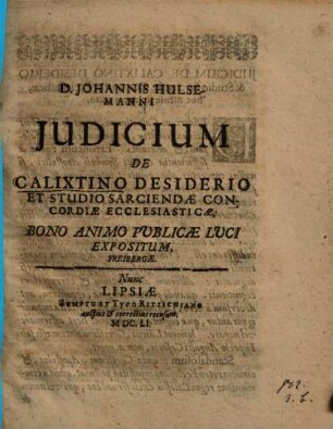 Iudicium de Calixtino desiderio et studio sarciendae concordiae ecclesiasticae