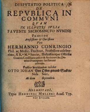 Disputatio Politica De Republica In Communi