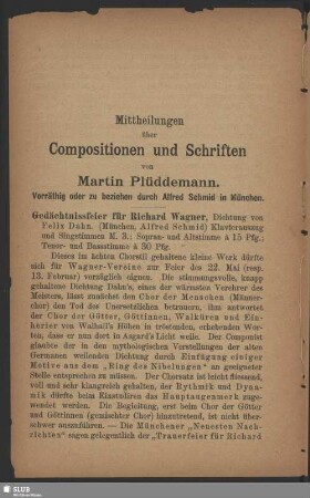 Mittheilungen über Compositionen und Schriften von Martin Plüddemann
