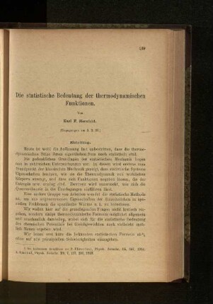 Die statistische Bedeutung der thermodynamischen Funktionen.