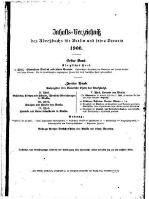 Inhalts= Verzeichniß des Adreßbuchs für Berlin und seine Vororte 1900 Erster Band