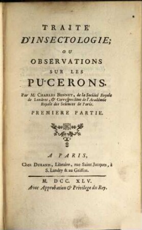 Traite' d'Insectologie; Ou ..., 1. Observations Sur Les Pucerons