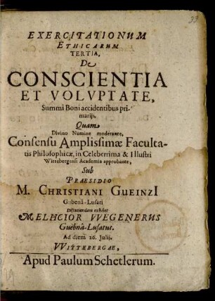 Exercitationum Ethicarum Tertia, De Conscientia Et Voluptate, Summi Boni accidentibus primariis