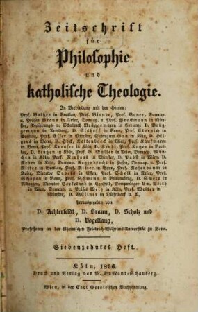 Zeitschrift für Philosophie und katholische Theologie. 17/18. 1836