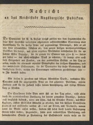 Nachricht an das Reichsstadt Augsburgische Publikum.