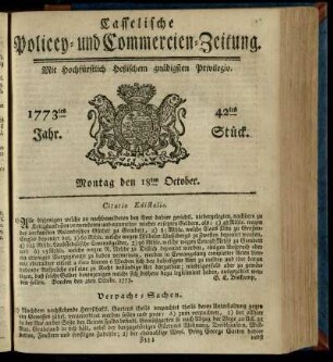 42tes Stueck, Montag den 18ten October 1773