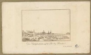 Stadtansicht von Dresden, Blick von Nordosten auf die Altstadt, im Vordergrund Schlittschuhläufer auf der zugefrohrenen Elbe, Radierung um 1810 : Die Schlittschuhbahn auf der Elbe bey Dresden / [bey dem Kupferst. Sprinck in Dresden] - [Dresden] , [ca. 1810]. - 1 Kunstblatt : Radierung ; 12,2 x 8,0 cm