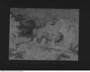Raccolta di paesi di Gaspare Dughet detto Pussino / incisi all'acqua forte da A. Heydeck in Dessau 1849; Paris 1849, Taf. 9: Felsige Landschaft mit aufziehendem Unwetter