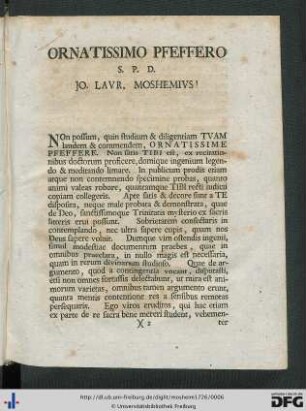 Ornatissimo Pfeffero S. P. D. Jo. Laur. Moshemius!.