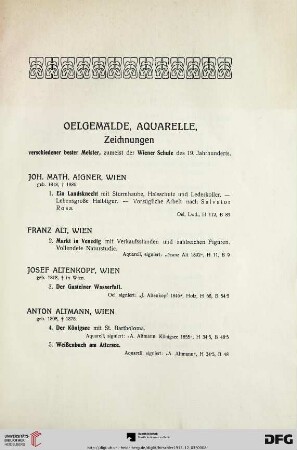 Ölgemälde, Aquarelle, Zeichnungen (Nr. 1-182)
