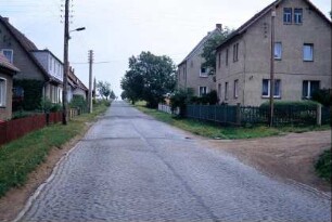 gepflasterte Dorfstraße; beidseitig Grünstreifen und Vorgärten; Häuser