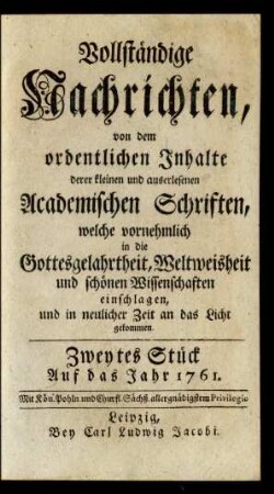 Zweytes Stück. Auf das Jahr 1761