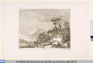 Landschaft mit Hütten und Booten