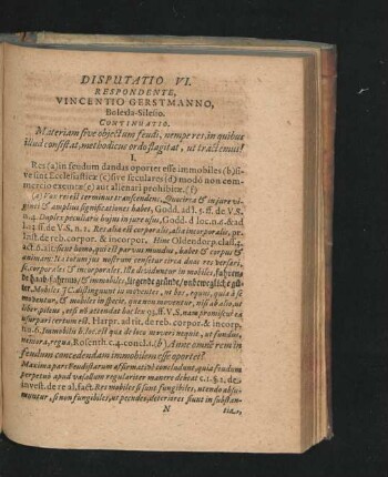 Disputatio VI. Respondente Vincentio Gerstmanno.