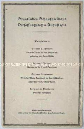 Programm des staatlichen Schauspielhauses anlässlich des Verfassungstages am 11. August 1922