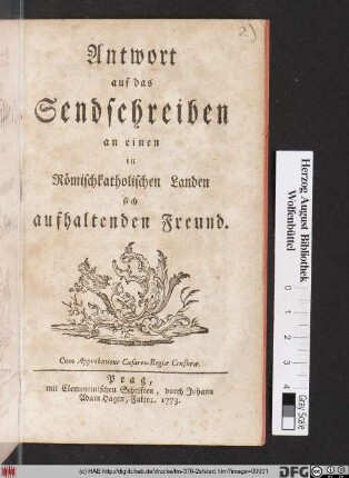 Antwort auf das Sendschreiben an einen in Römischkatholischen Landen sich aufhaltenden Freund