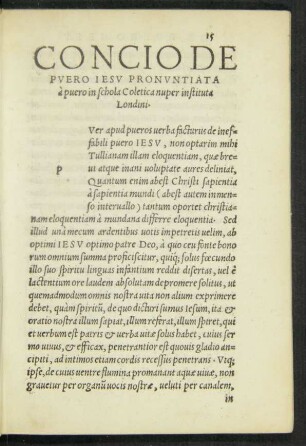 Concio De Puero Iesu Pronuntiata a puero in schola Coletica nuper instituta Londini.
