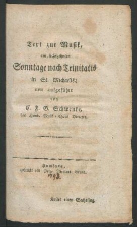 Text zur Musik, am sechszehnten Sonntage nach Trinitatis in St. Michaelis