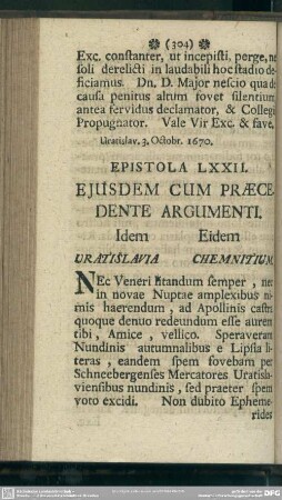 Epistola LXXII. Eiusdem Cum Praecedente Argumenti. Idem Eidem. Vratislavia Chemnitium