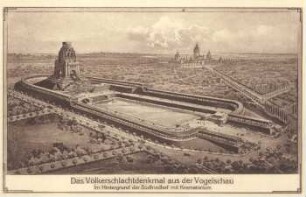 Das Völkerschlachtdenkmal aus der Vogelschau: im Hintergrund der Südfriedhof mit Krematorium