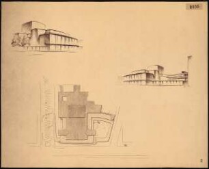 Deutsche Oper, Berlin-Charlottenburg: (Lichtpause von Inv.Nr. 35833): Perspektivische Ansichten Straßenfront und Lageplan