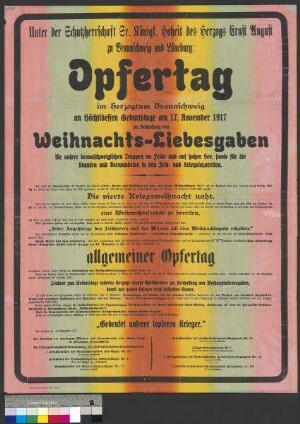 Aufruf zum Opfertag im Herzogtum Braunschweig am 17. November 1917 zur Sammlung von Geldspenden für die Beschaffung von Weihnachtspaketen für die braunschweigischen Soldaten im Ersten Weltkrieg