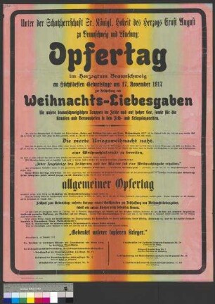 Aufruf zum Opfertag im Herzogtum Braunschweig am 17. November 1917 zur Sammlung von Geldspenden für die Beschaffung von Weihnachtspaketen für die braunschweigischen Soldaten im Ersten Weltkrieg