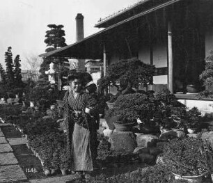 Yokohama. Botanischer Garten. Japanerin mit Kind auf dem Rücken im Bonsaigarten vor einem Gebäude