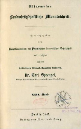 22.1847: Allgemeine Landwirthschaftliche Monatsschrift