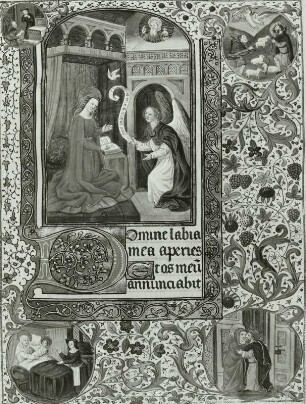 Illumination eines Stundenbuches: Mariae :Verkündigung, Joachims Opfer, Verkündigung an die Hirten, Anna und Joachim und Geburt der Maria