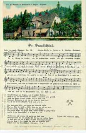 Ansicht der Dreckschänke in Breitenbach im böhmischen Erzgebirge mit Wanderlied in erzgebirgischer Mundart