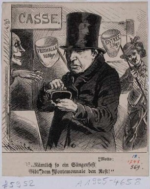 Karikatur zum Ersten Deutschen Sängerbundfest in Dresden 1865: "Motto: Nämlich so ein Sängerfest, gibt dem Portemonnaie den Rest!"