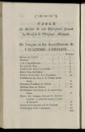 Table des Articles de cette Description, suivant la Division de l'Original-Allemand