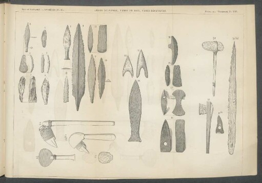 Pl. LXII. Armes de pierre, armes de bois, armes défensives.