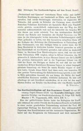384-385 [Rezension] Zähringer, Konradin, Das Kardinalkollegium auf dem Konstanzer Konzil bis zur Absetzung Papst Johanns XXIII.