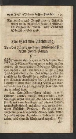 Die Siebende Abtheilung, Von des Jägers nöthigen Wissenschafften beym Vogel-Fange.