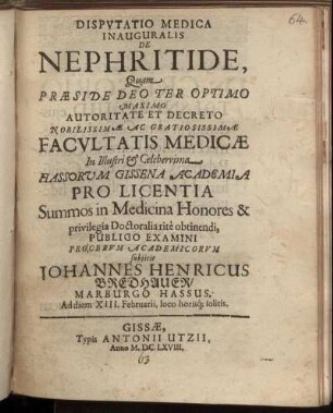Disputatio Medica Inauguralis De Nephritide