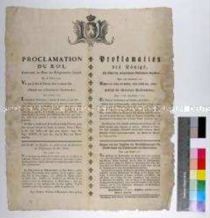 Bekanntmachung eines Patents von Ludwig XVI. König von Frankreich vom 18. Juli 1790 betreffend den Nationalversammlungsbeschluss über Restitution von noch in Pachtverwaltung befindlichen enteigneten Gütern von Nichtkatholiken (in französischer und deutscher Sprache)