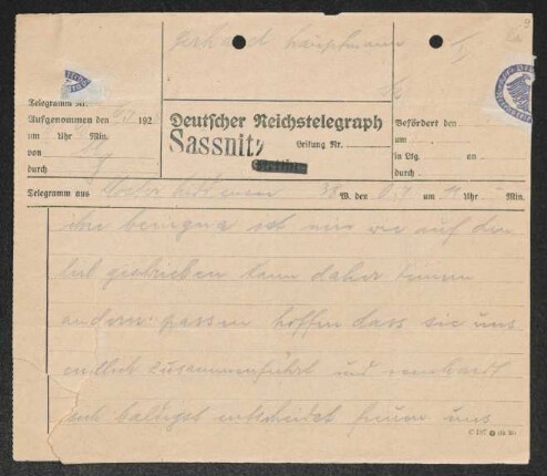 Brief von Ida von Coudenhove-Kalergi an Gerhart Hauptmann