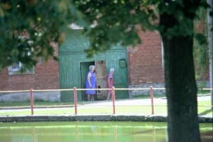Teich, hoher Baum am Ufer, Hoftor, zwei Frauen