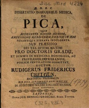 Dissertatio Inauguralis Medica, De Pica