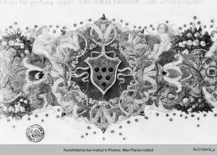 Augustinus: Epistolae : Textseite mit Randbordüre, Medaillons mit eingeschlossenen Imperatorenbüsten, Mediciwappen und historisierter Initiale D mit Augustinus