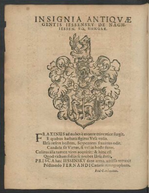 Insignia Antiquae Gentis Jessensky De Naghiessen. Eq. Hungar.