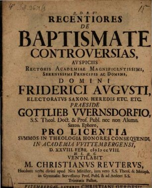 Recentiores De Baptismate Controversias