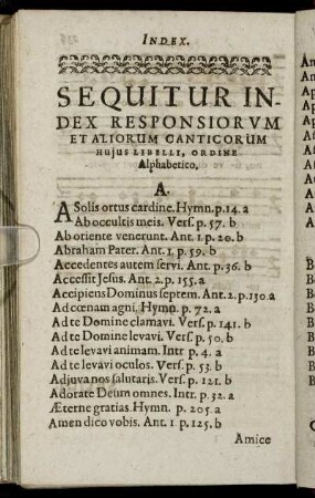 Sequitur Index Responsiorum Et Aliorum Canticorum Hujus Libelli, Ordine Alphabetico.